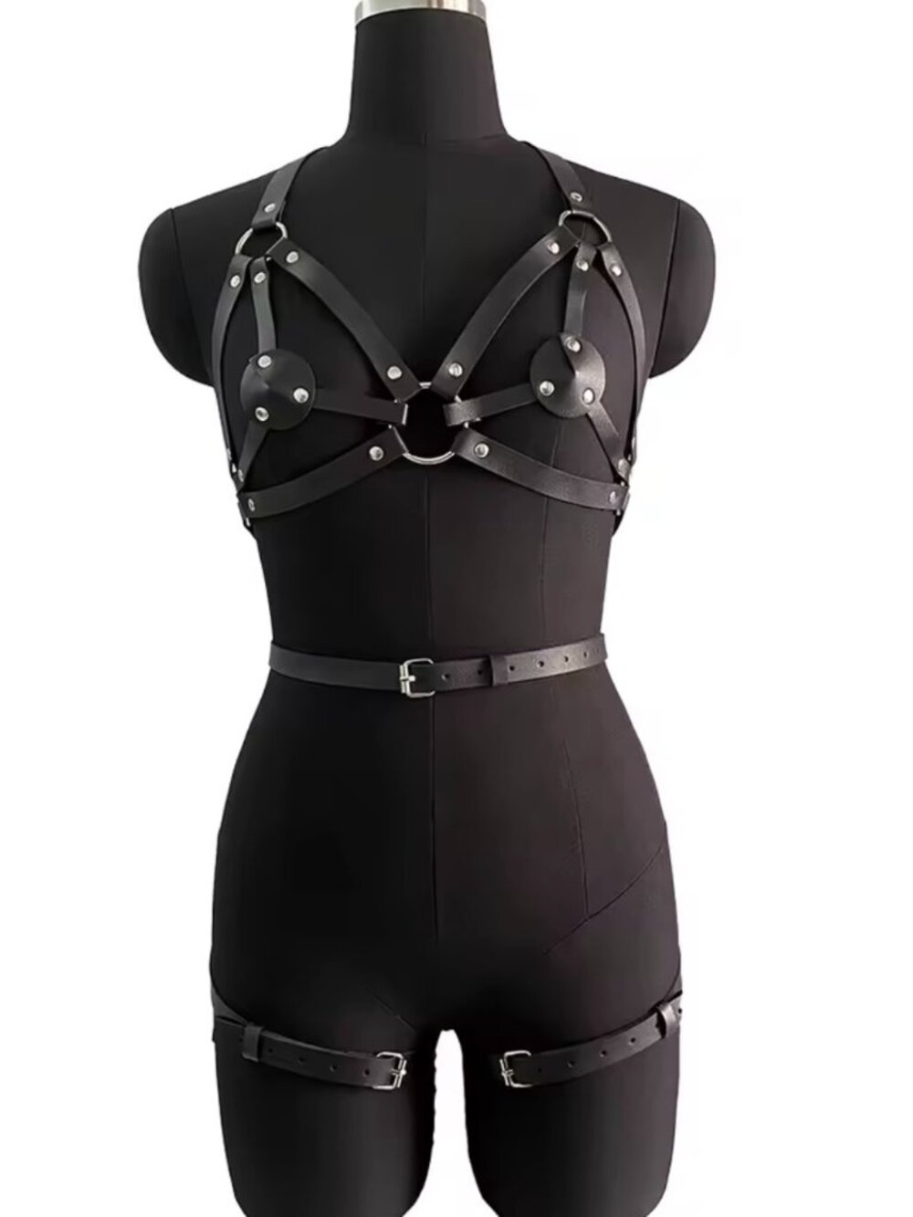 Women Sexy Leather Lingerie Cage Bra Straps Leg Harness Set